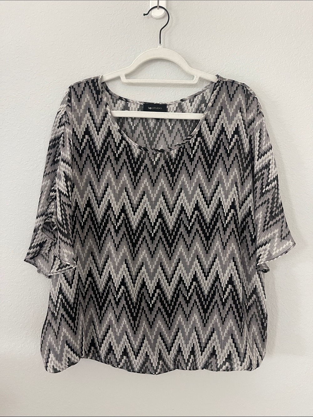 AB Studio Chevron Metallic Dolman Sleeve Blouse Top Gray Black L